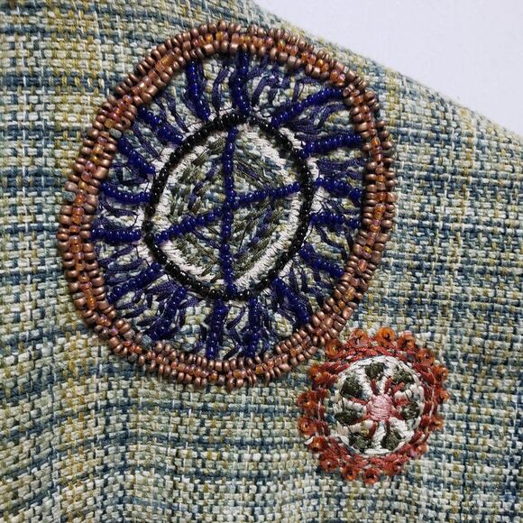 Chico's Blazer Women S Green Plaid Geometric Embellished Button Embroidered Boho - Picture 9 of 14